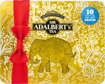 Złota puszka herbaty Sir Adalbert's Tea Golden Premium z czerwoną kokardą, 10 saszetek gratis. Widok z przodu.