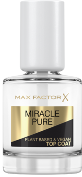 Max Factor Miracle Pure Top Coat, wegański, w przezroczystej butelce, biały korek, złoto-czarna etykieta.