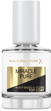 Max Factor Miracle Pure Top Coat, wegański, w przezroczystej butelce, biały korek, złoto-czarna etykieta.