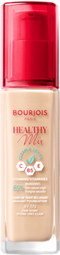 Bourjois Healthy Mix Radiant Foundation, 49.5N Fair Ivory, beige liquid in glass bottle, red pump, front view.