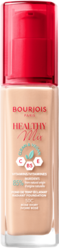 Wegański podkład Bourjois Healthy Mix w beżowej butelce 50C Rose Ivory z czerwoną pompką, widok z przodu.