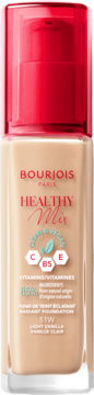 Beżowy podkład Bourjois Healthy Mix Light Vanilla 51W, w szklanej butelce z czerwoną pompką, widok z przodu.