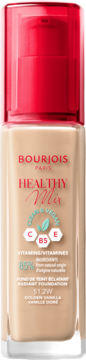 Bourjois Healthy Mix Radiant Foundation 51.2W Golden Vanilla w szklanej butelce z czerwoną pompką, widok z przodu.