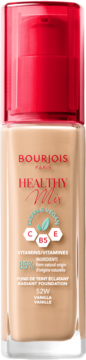 Podkład Bourjois Healthy Mix 52W Vanilla, rozświetlający, w butelce z czerwoną pompką, widok z przodu.
