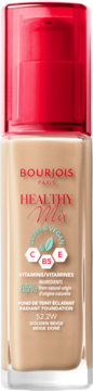 Wegański podkład Bourjois Healthy Mix Radiant Foundation Golden Beige z witaminami, butelka z pompką.