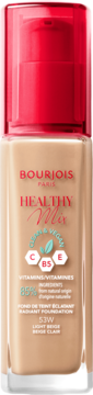 Bourjois Healthy Mix Radiant Foundation 53W Light Beige, szklana butelka z czerwoną pompką, widok z przodu.