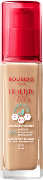 Bourjois Healthy Mix wegański podkład rozświetlający w beżowej butelce z witaminami, widok z przodu.