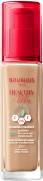 Beżowy podkład Bourjois Healthy Mix w szklanej butelce z czerwoną pompką, widok z przodu. Zawiera witaminy C, B5, E.