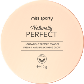 Wegański puder prasowany Miss Sporty Naturally PERFECT, jasnobeżowe okrągłe opakowanie 10g, widok z przodu.