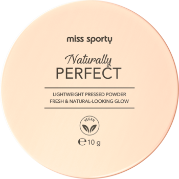 Wegański puder prasowany Miss Sporty Naturally PERFECT, jasnobeżowe okrągłe opakowanie 10g, widok z przodu.