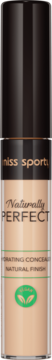 Miss Sporty Naturally Perfect beżowy korektor nawilżający, z czarną nakrętką i wegańskim logo, widok z przodu.