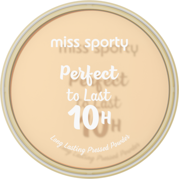 Puder prasowany Miss Sporty Perfect to Last 10H, transparentny, w okrągłym beżowym kompakcie, widok z góry.