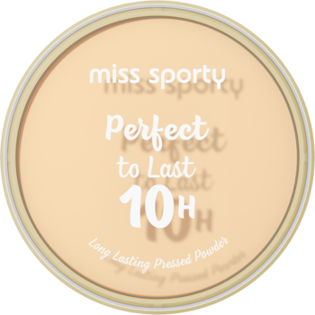 Puder prasowany Miss Sporty Perfect to Last 10H, transparentny, w okrągłym beżowym kompakcie, widok z góry.