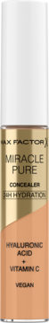 Max Factor Miracle Pure Concealer, beżowo-złota butelka z białym korkiem, nawilża 24h, widok z przodu.