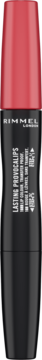 Pomadka Rimmel London Lasting Provocalips 730 Make A Mauve w czarnej butelce z czerwoną nakrętką, widok z przodu.