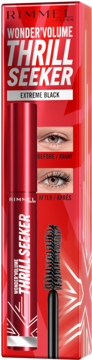 Rimmel Wonder Volume Thrill Seeker Extreme Black mascara, czerwone pudełko z grafiką oczu i napisami, widok z przodu.