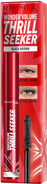 Rimmel Thrill Seeker 002 Black Brown tusz do rzęs, czerwone opakowanie z wyjętą szczoteczką.
