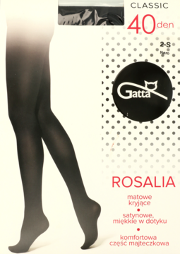 Opakowanie czarnych rajstop Gatta 40 den, z grafiką nóg w matowych rajstopach i napisem ROSALIA.