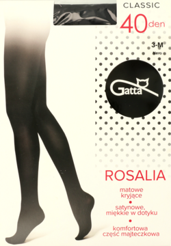 Opakowanie rajstop Gatta Rosalia 40 den, czarne, matowe, kryjące. Widok z przodu z sylwetką nóg.