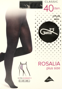 Gatta Rosalia Plus Size 40 den nero, matowe rajstopy w eleganckim opakowaniu z nogami w produkcie.