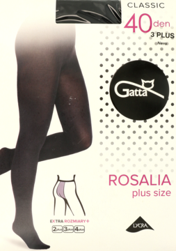 Opakowanie rajstop Gatta Rosalia Plus Size 40 den nero, z widokiem matowych rajstop na nogach modelki.