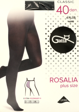 Czarne rajstopy Gatta Rosalia 40 den plus size na nodze, obok biało-czarne opakowanie z logo.