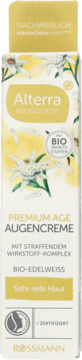 Alterra Premium Age Krem pod oczy z bio-szarotką, biało-żółte opakowanie do skóry dojrzałej, widok z przodu.