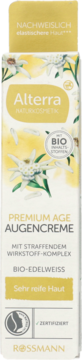Alterra Premium Age Krem pod oczy z bio-szarotką, biało-żółte opakowanie do skóry dojrzałej, widok z przodu.