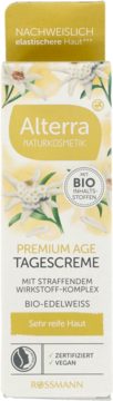 Alterra Premium Age krem na dzień do bardzo dojrzałej skóry, białe pudełko z edelweissem, widok z przodu.