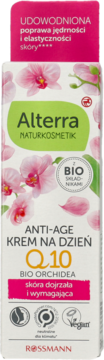 Alterra Anti-Age Krem na Dzień Q10 Orchidea dla skóry dojrzałej, białe pudełko, widok z przodu.