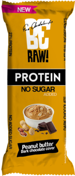 Be Raw! baton proteinowy, masło orzechowe i ciemna czekolada, bez dodanego cukru. Złote opakowanie, przód.