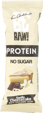 Baton BeRAW! Protein o smaku waniliowego sernika w ciemnej czekoladzie, kremowe opakowanie, widok z przodu.