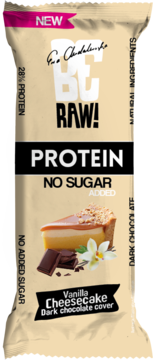 BeRAW! baton proteinowy o smaku sernika waniliowego, w ciemnej czekoladzie, bez cukru, 28% białka, widok z przodu.
