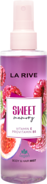 La Rive Sweet Memory mgiełka do ciała i włosów, różowa butelka z malinami i figą, wit. E i B5, przód.