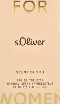 s.Oliver Scent Of You damska woda toaletowa w beżowym pudełku, widok z przodu, złote napisy.