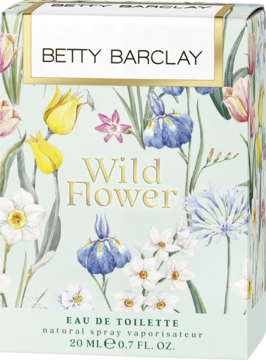 Woda toaletowa Betty Barclay Wild Flower 20ml w kwadratowym pudełku z błękitnym tłem i barwnymi kwiatami.