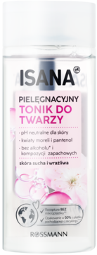 Przezroczysta butelka Isana Pielęgnacyjny Tonik do Twarzy, z różowo-białą etykietą, dla skóry suchej i wrażliwej, widok z przodu.