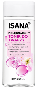Isana Tonik do Twarzy Pielęgnacyjny, frontalny widok butelki, różowa etykieta, morela, pantenol, skóra sucha i wrażliwa.