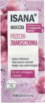 Jasnofioletowa saszetka Isana Maseczka Przeciwzmarszczkowa z grafiką owoców i wody, widok z przodu.