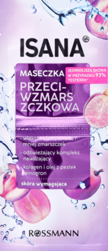 Fioletowa maseczka Isana Przeciwzmarszczkowa, saszetka z kolagenem i olejem z pestek winogron, widok z przodu.