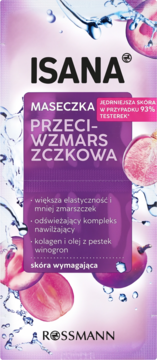 Fioletowa maseczka przeciwzmarszczkowa Isana z kolagenem i olejem z pestek winogron, widok z przodu.