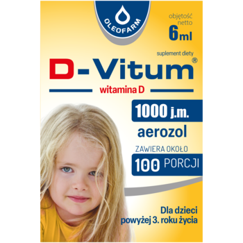 Żółto-czerwony D-Vitum Witamina D 1000 j.m. aerozol 6ml dla dzieci, widok z przodu z małą blondynką.