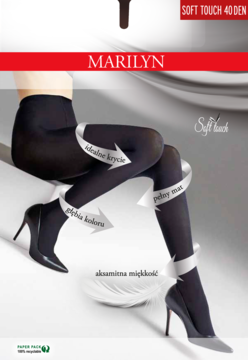 Czarne matowe rajstopy Marilyn Soft Touch 40 DEN na nodze modelki w szpilkach, prezentujące głęboką czerń.
