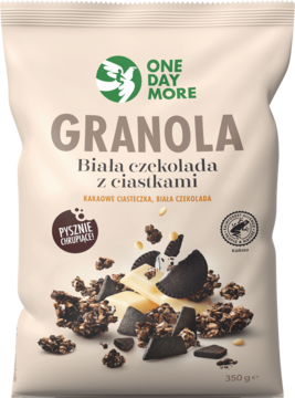 Granola One Day More z białą czekoladą i kakaowymi ciasteczkami, brązowo-beżowa torba, widok przód.
