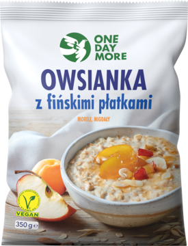 Biała torebka One Day More Owsianka z fińskimi płatkami owsianymi, suszonymi morelami, migdałami, widok przodem.