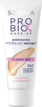 Prebiotyczny podkład Soraya Probio Make-Up 01 Jasny Beż w białej tubce, widok z przodu.