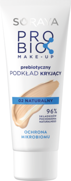 Biała tubka podkładu Soraya Probio Make-Up 02 Naturalny, prebiotyczny, kryjący, z beżową próbką.