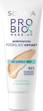 Podkład Soraya Probio Make-Up w białej tubce, odcień 03 Ciepły Beż, prebiotyczny, 96% składników naturalnych.