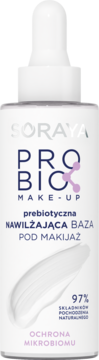 Biała butelka Soraya Probio Make-up prebiotyczna baza nawilżająca z kroplomierzem, widok z przodu.