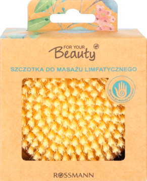 Szczotka limfatyczna For Your Beauty w beżowym pudełku, widoczne żółte włosie o wafelkowej strukturze, widok z przodu.